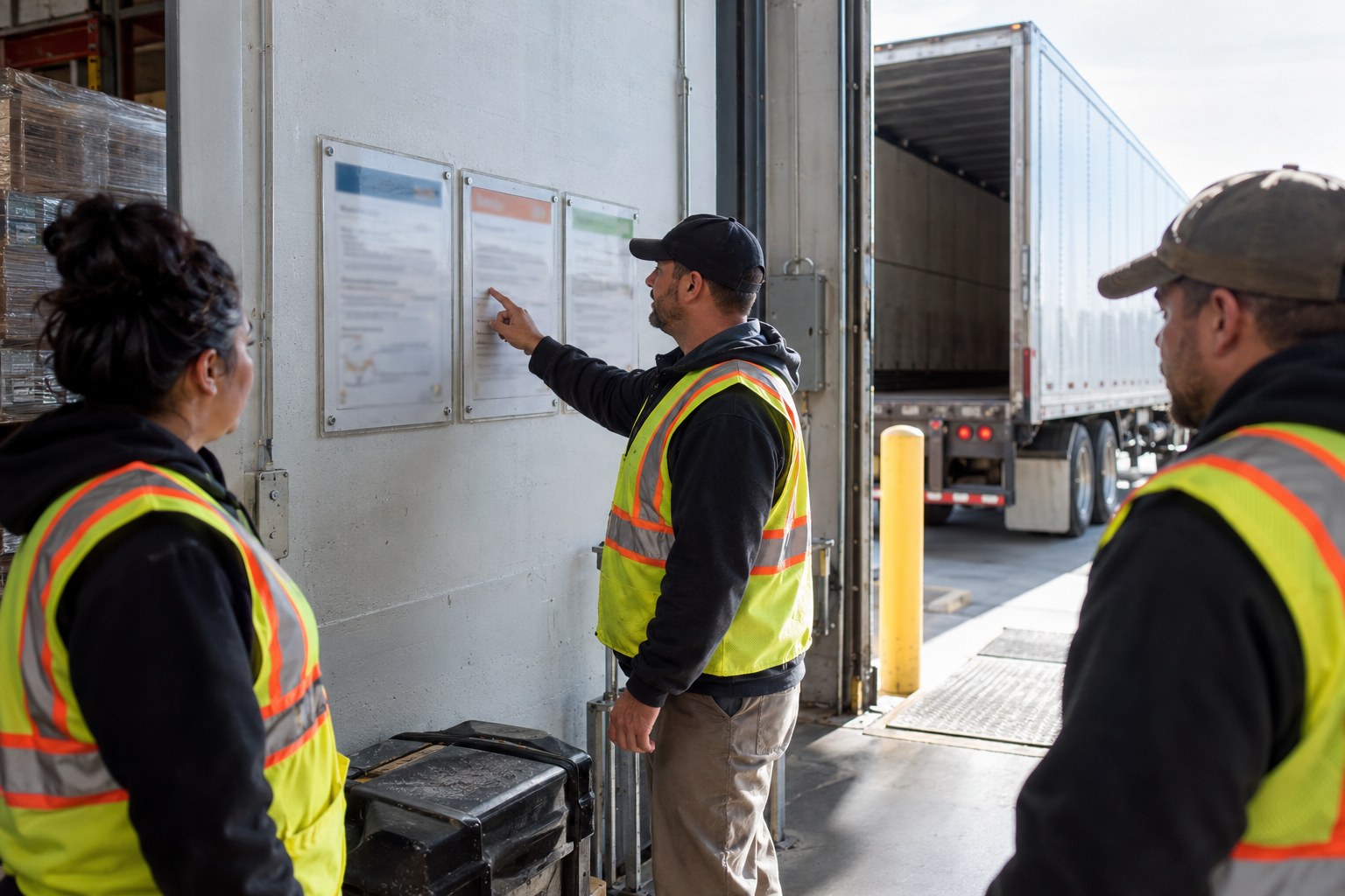 Safety manager walking a new driver through a laminated checklist beside a tractor in a bright yard