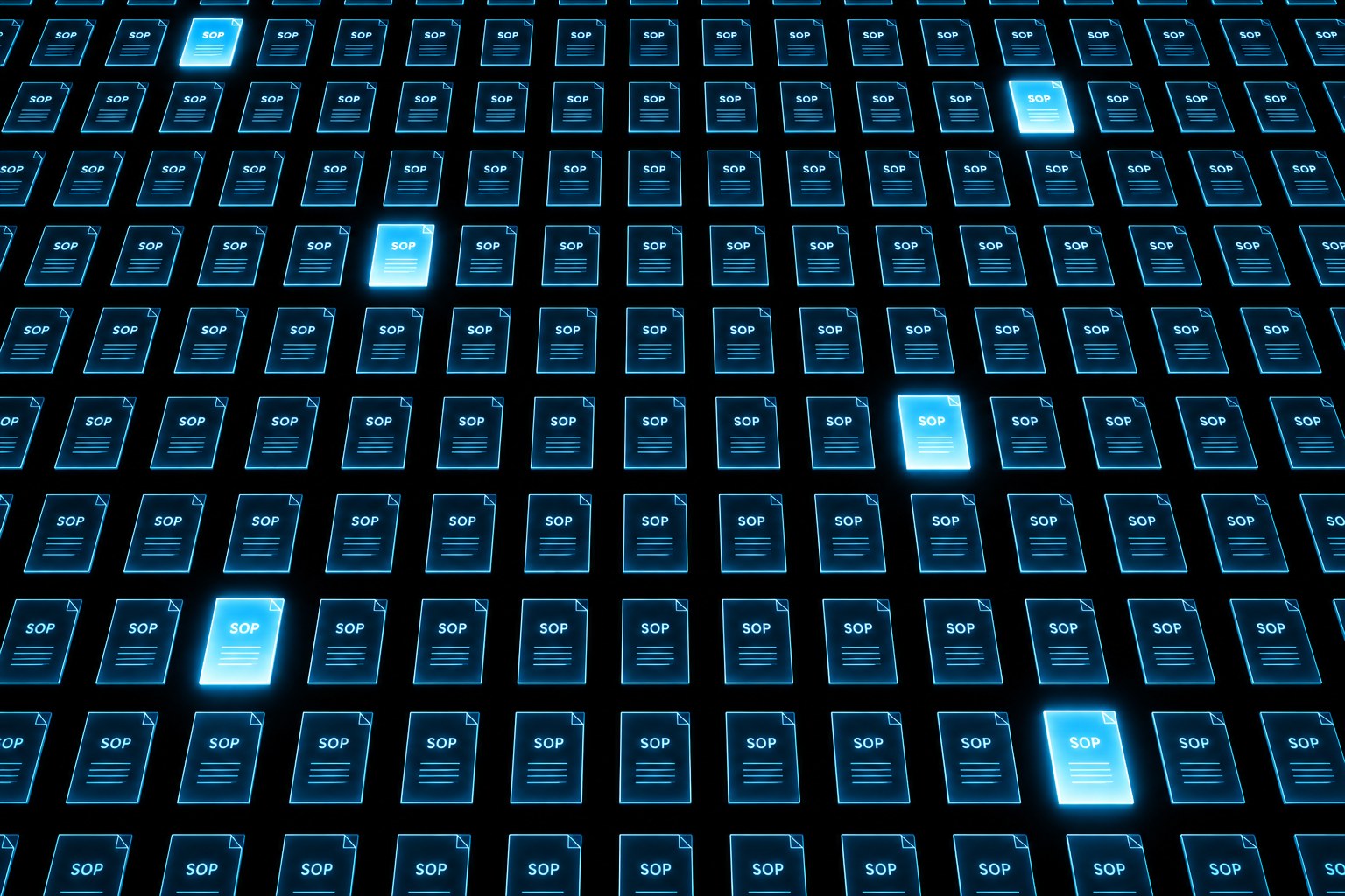 Dark operations office with a wide wall display on black showing a grid of cyan document icons, a large ring score and a version timeline, a window showing trucks in daylight