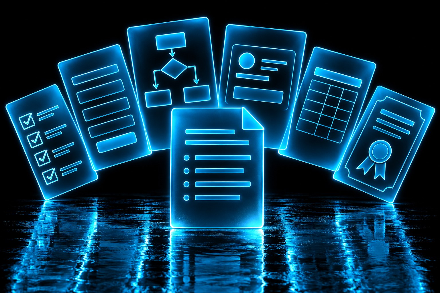 X3 procedure intelligence: a photoreal black tractor on a wet black floor with a cascade of glowing cyan document pages fanning out from its cab like a deck of cards