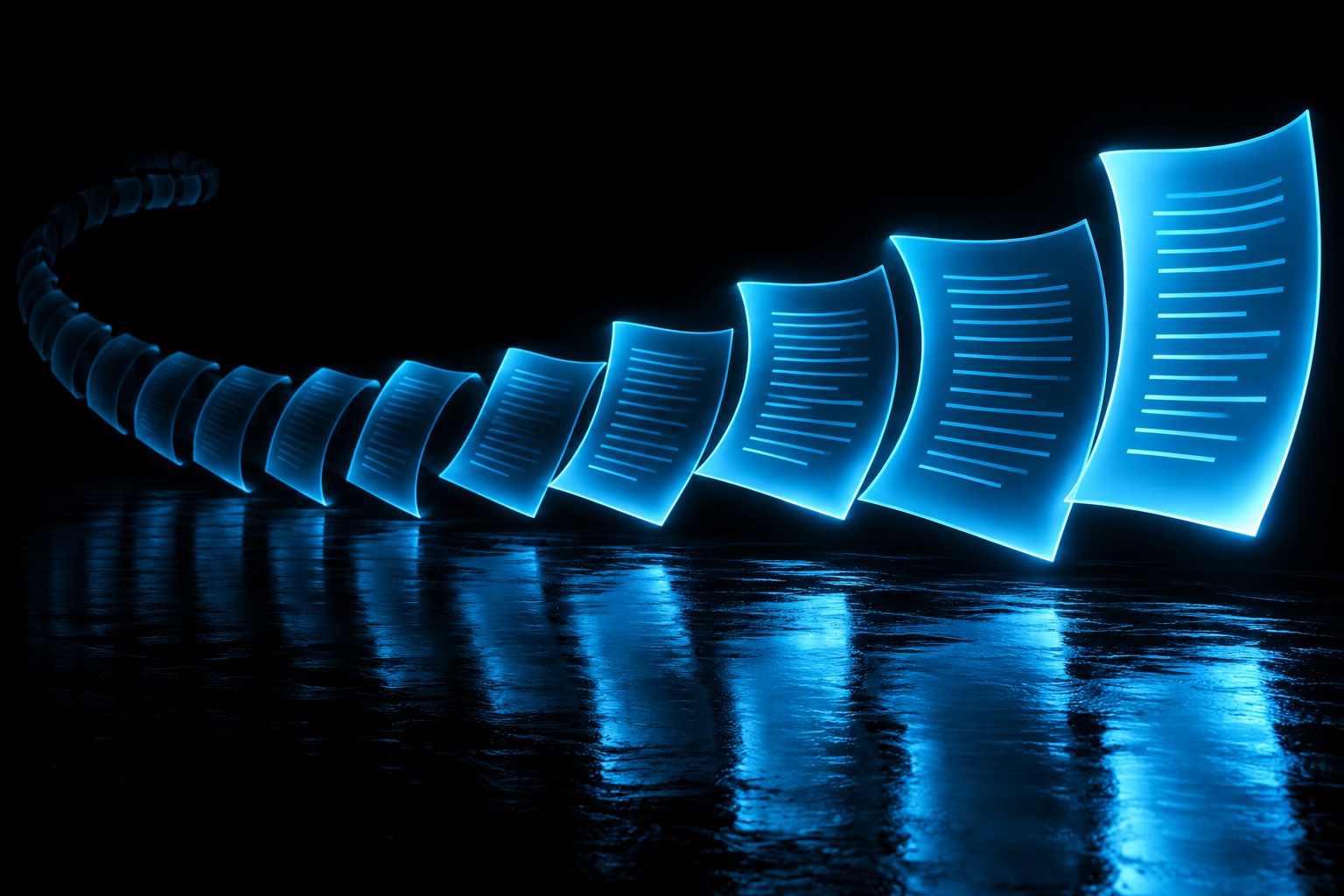 A black tractor driving away down a wet black runway toward a huge cyan ring gate, small cyan edge lights along the road