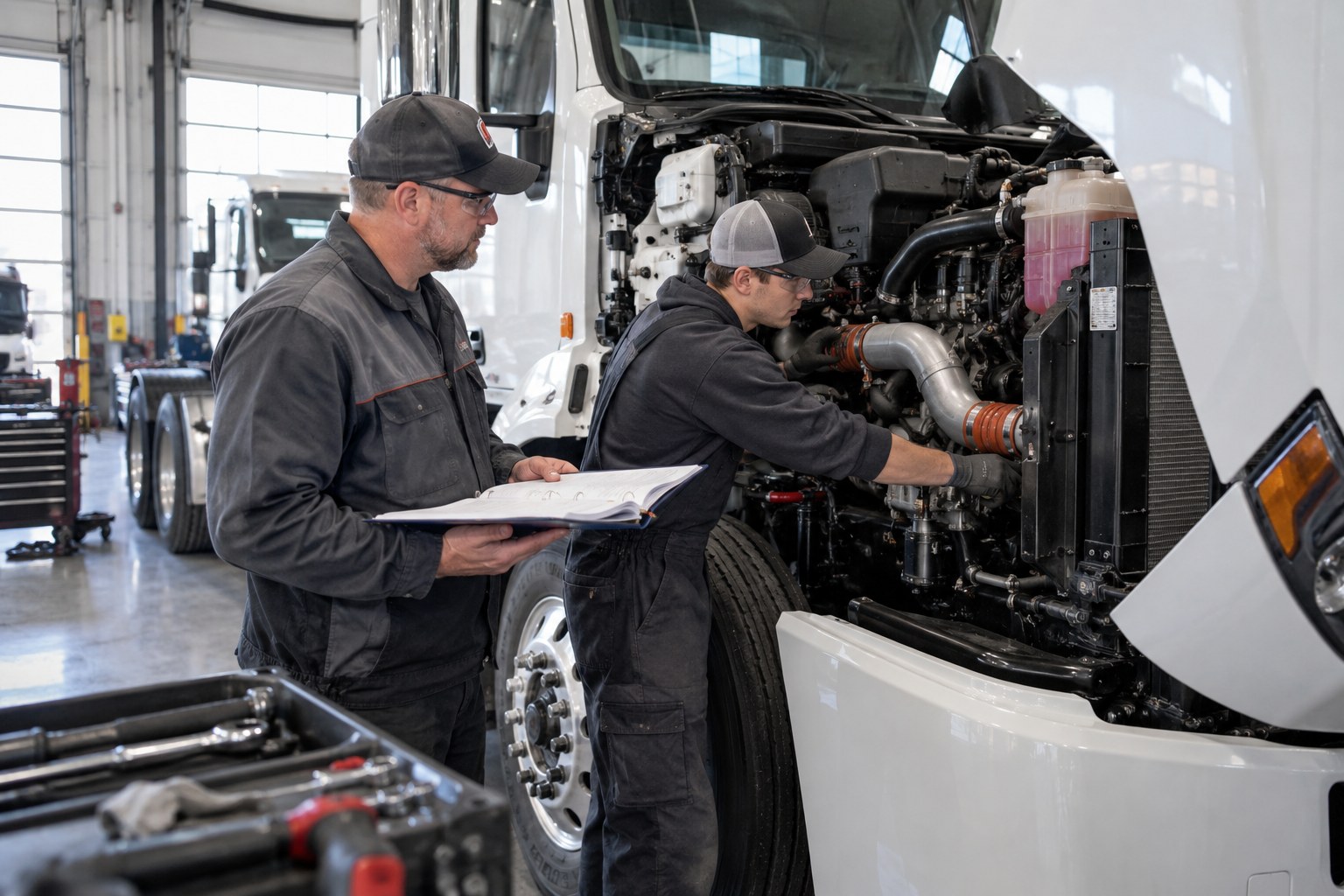 DOT investigator and a confident safety manager at a bright office table, the manager sliding a tabbed procedure binder across, tractors through the window