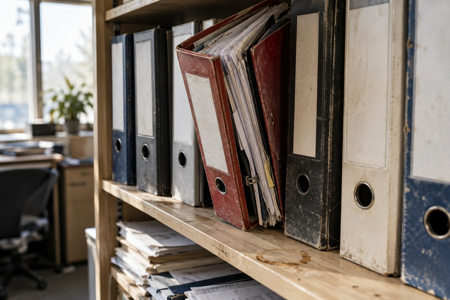 Dusty three-ring binders stacked on a shelf in a sunlit fleet office, a laptop open beside them